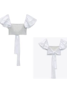 Zara white voluminous ruffle frill sleeve smocked open back crop top back tie L